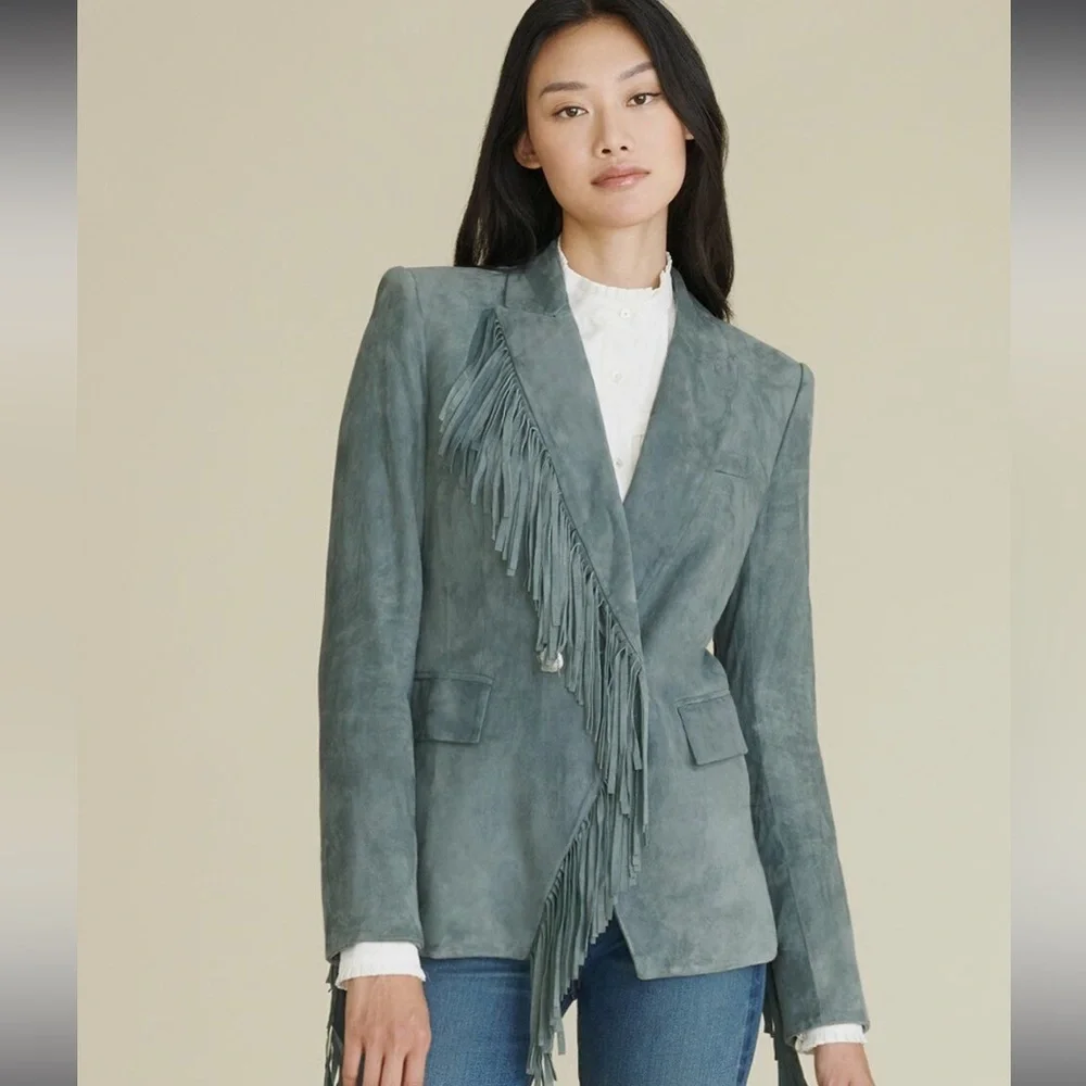 SOLD Veronica Beard XS Leather Suede Fringe Dickey Jacket Blazer Coat Green Grey - Picture 4 of 14